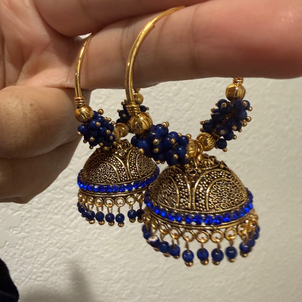 Elegant Blue and Gold Jhumka Earrings - Picture 3 of 3